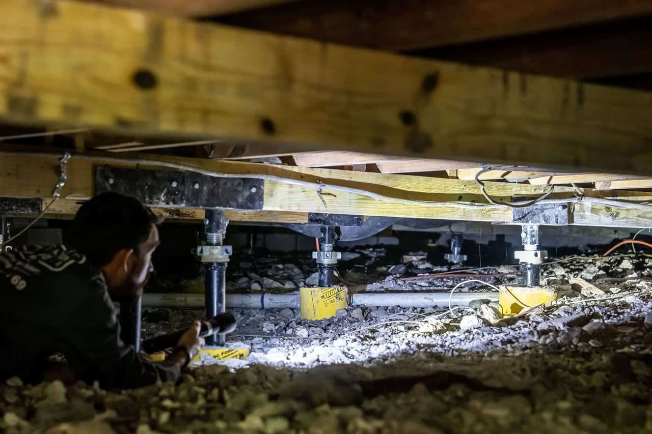 Quality Foundation Repair Austin technician inspecting and installing crawl space support jacks in a confined crawl space.