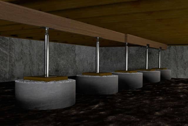 Quality Foundation Repair Austin Adjust-A-Piers on concrete footings supporting a floor.