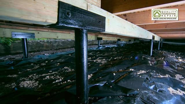 Quality Foundation Repair Austin Adjust-A-Piers and vapor barrier during crawl space repair.