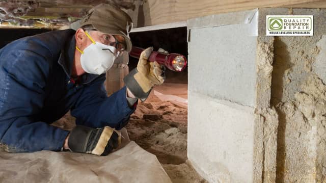 Quality Foundation Repair Austin technician inspecting a crawl space with a flashlight for structural issues.