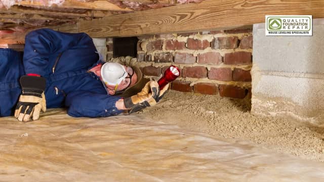 Quality Foundation Repair Austin technician performing a crawl space inspection, shining a flashlight on a brick foundation w