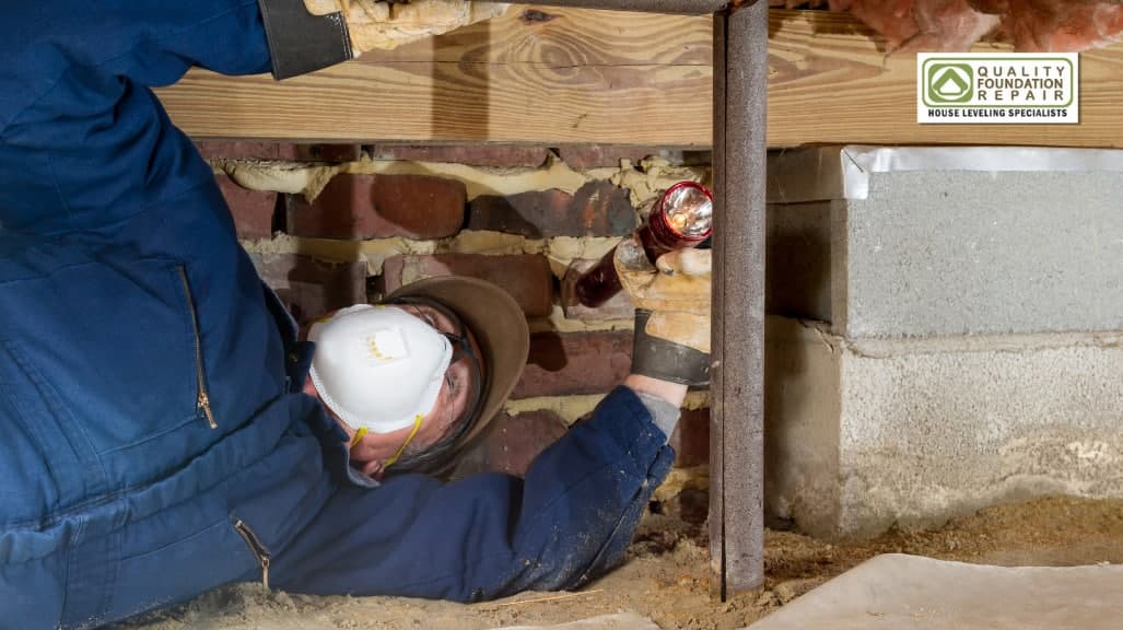 Quality Foundation Repair Austin technician inspecting a brick foundation in a crawl space with a flashlight.